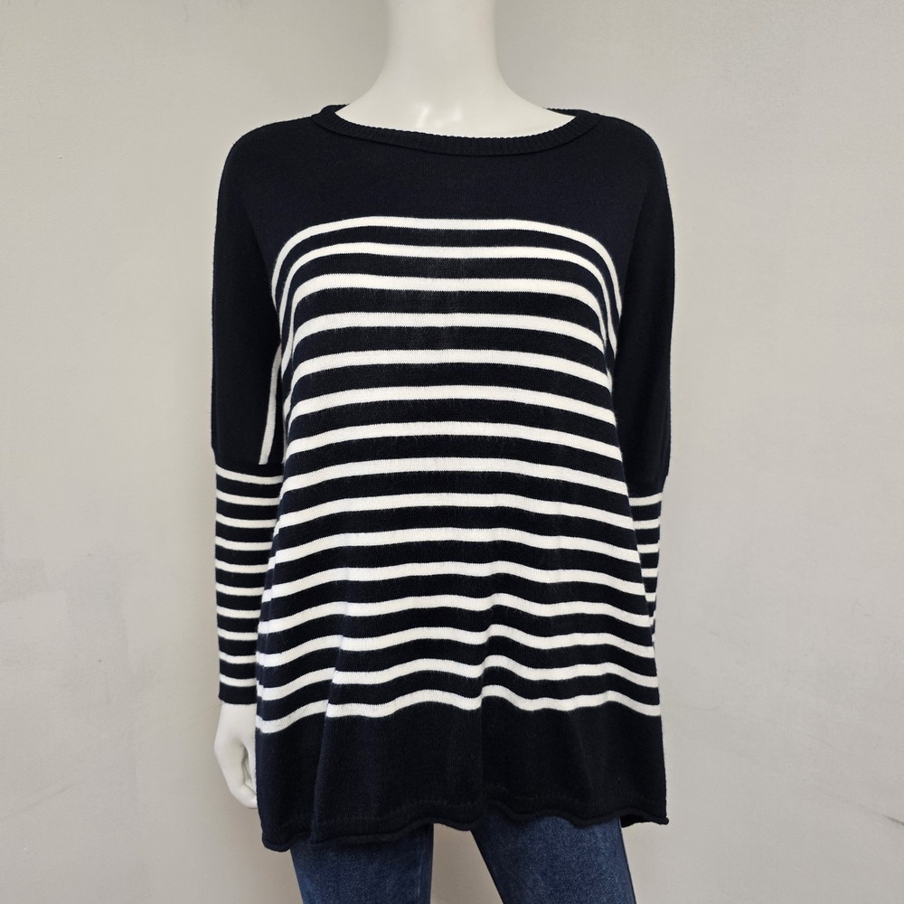 Mersea Catalina Travel Sweater One Size Navy Stripe Side Slits Relaxed Preppy